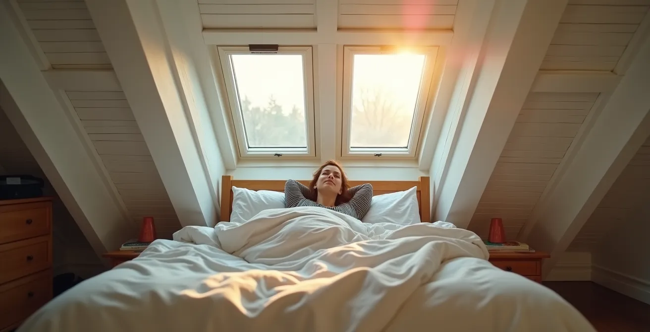 Mezzanine lumineuse aménagée sous toiture dans un loft montréalais avec garde-corps conformes aux normes