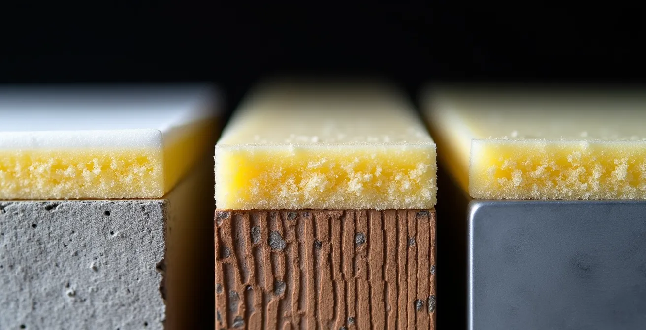 Coupe transversale montrant l'adhérence de l'uréthane giclé sur béton, bois et métal