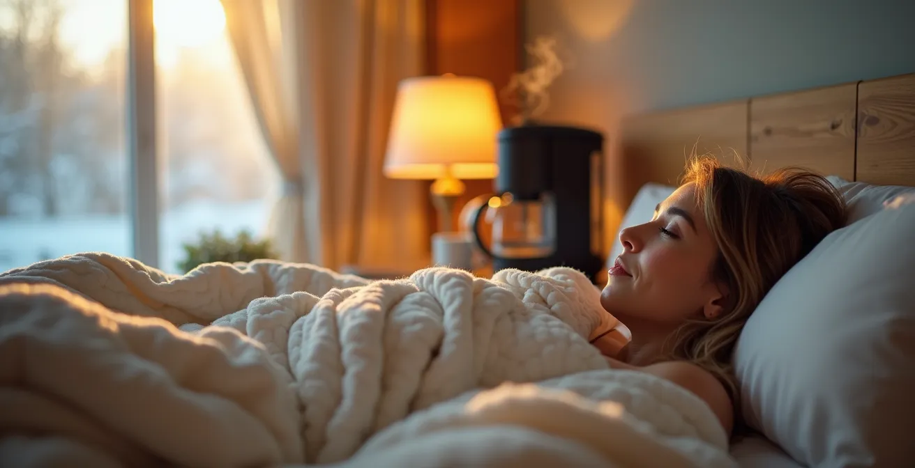 Scène matinale montrant l'automatisation intelligente du chauffage avant le réveil