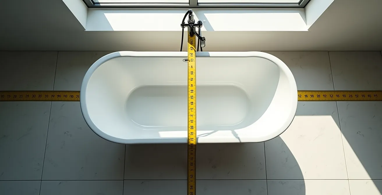 Vue aérienne d'une baignoire autoportante montrant l'espace de 25 cm nécessaire pour le nettoyage