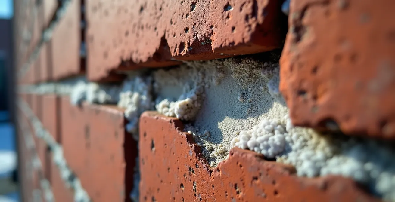 Détail macro de brique rouge historique montréalaise montrant l'effritement causé par le gel-dégel