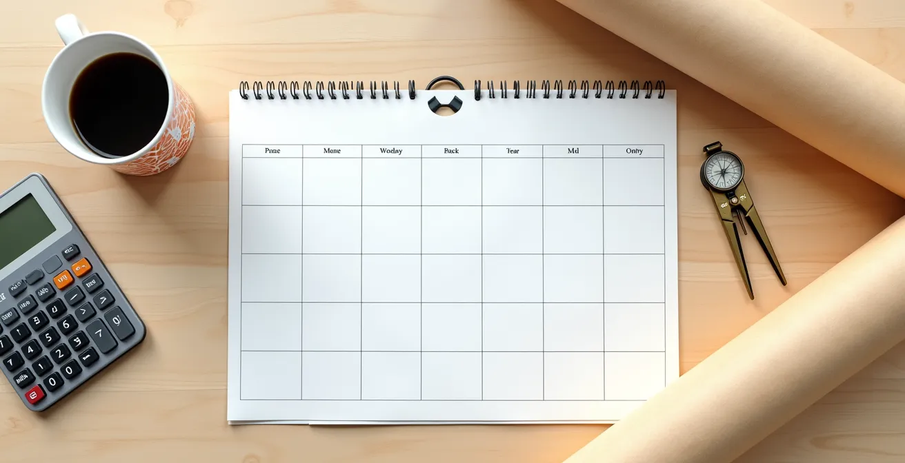 Vue en plongée d'un bureau avec calendrier, plans architecturaux et calculatrice montrant la planification temporelle