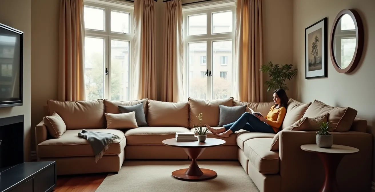 Salon étroit avec canapé modulaire adapté dans un appartement montréalais