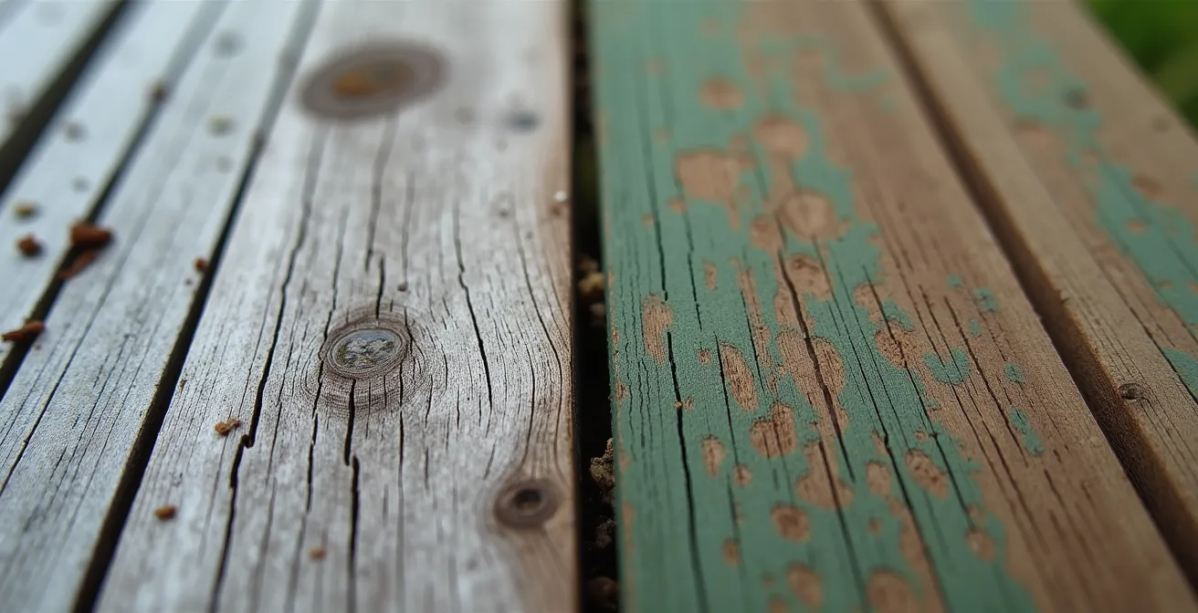 Comparaison côte à côte de planches de cèdre rouge et de bois traité après 5 ans d'exposition aux intempéries québécoises