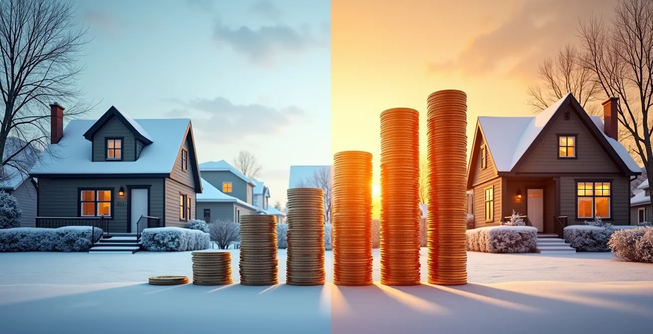 Graphique comparatif des économies d'énergie entre bungalow de banlieue et triplex urbain avec triple vitrage