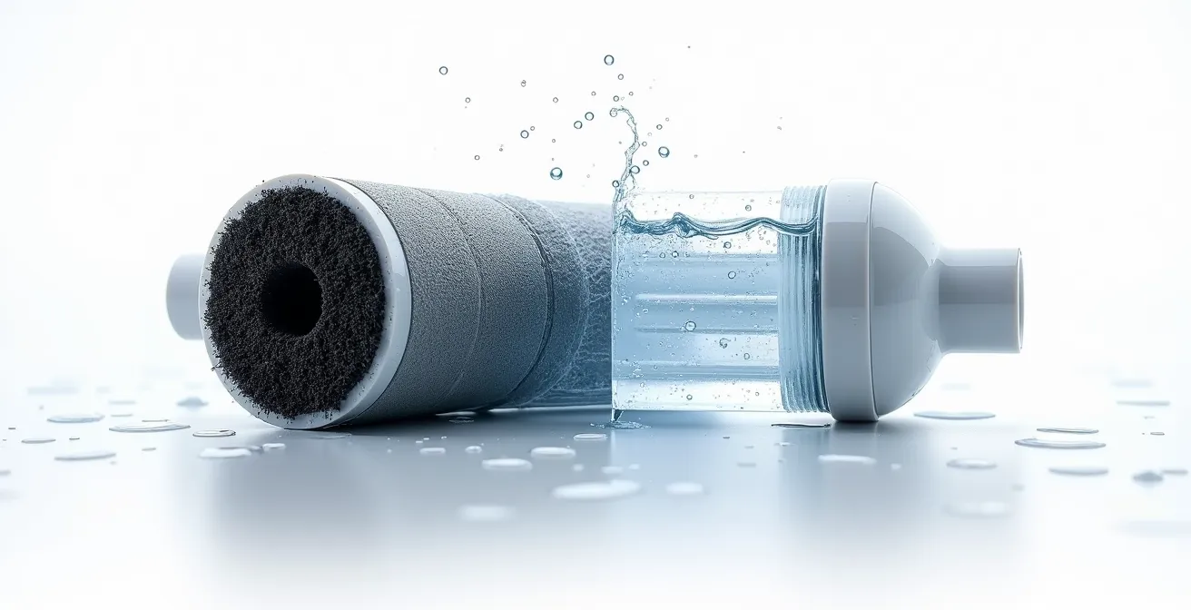 Coupe transversale montrant deux systèmes de filtration d'eau côte à côte avec leurs composants internes visibles