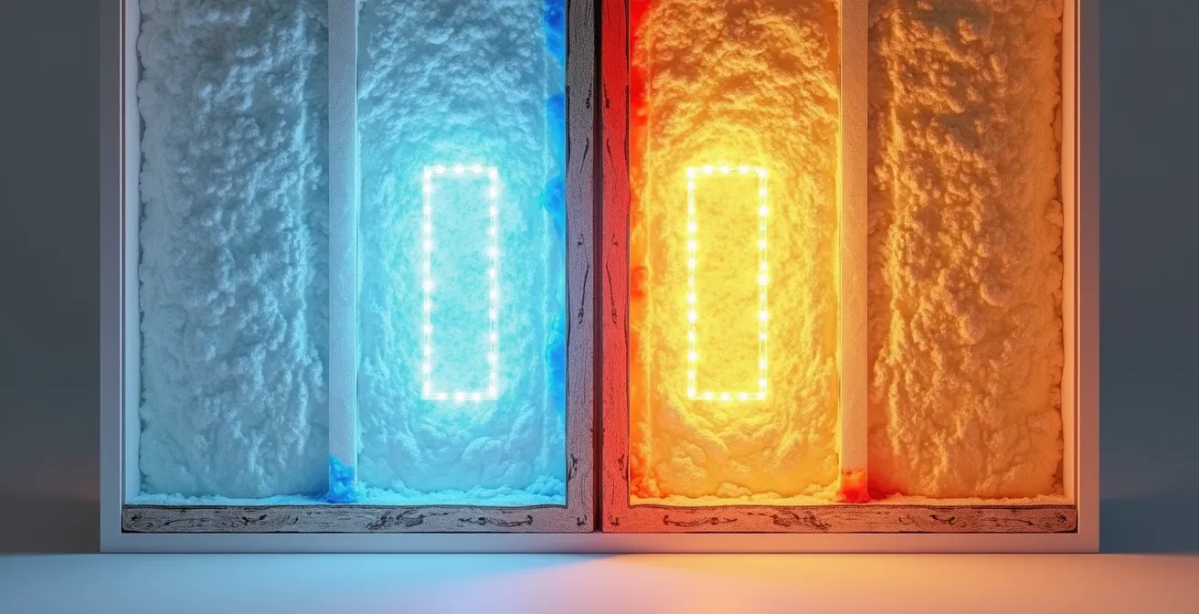 Vue thermographique comparant l'efficacité de l'uréthane giclé versus la laine minérale