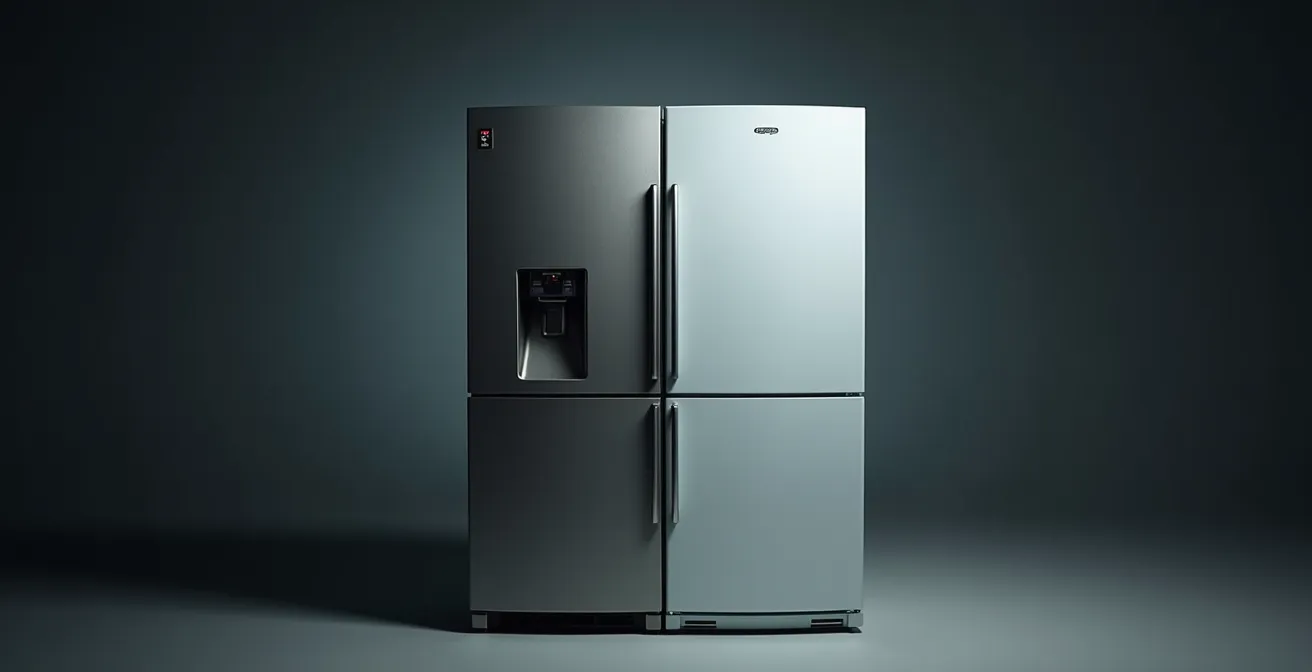 Comparaison visuelle entre un vieux réfrigérateur énergivore et un modèle récent certifié Energy Star