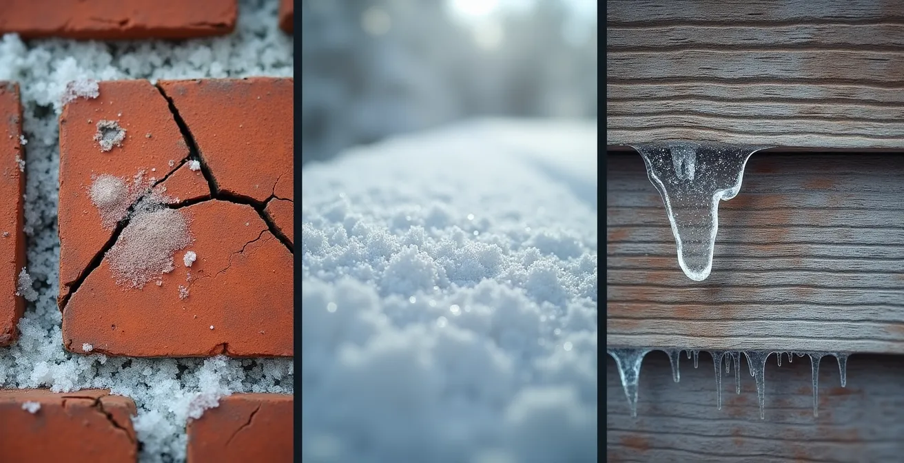Gros plan sur trois échantillons de revêtements extérieurs montrant les effets du gel-dégel