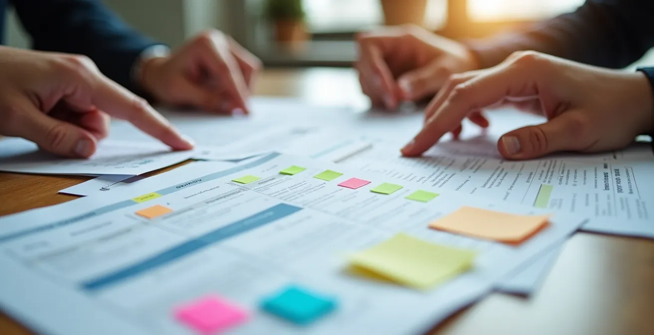 Main tenant plusieurs documents de soumissions avec surligneurs et notes comparatives