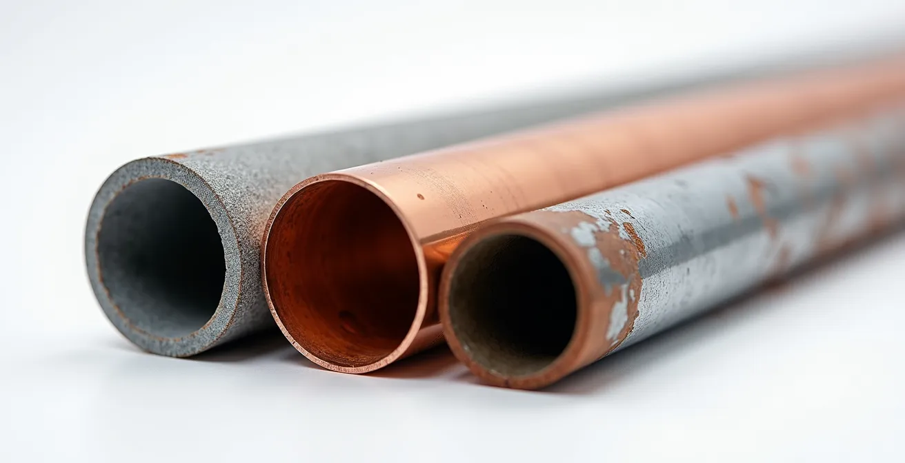 Comparaison visuelle de trois types de tuyaux : plomb, cuivre et acier galvanisé avec leurs caractéristiques distinctives
