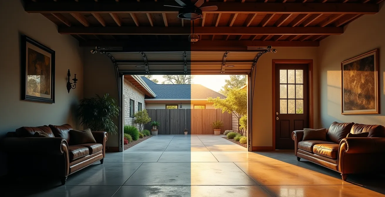 Ancien garage transformé en salon familial chaleureux avec isolation complète et façade vitrée