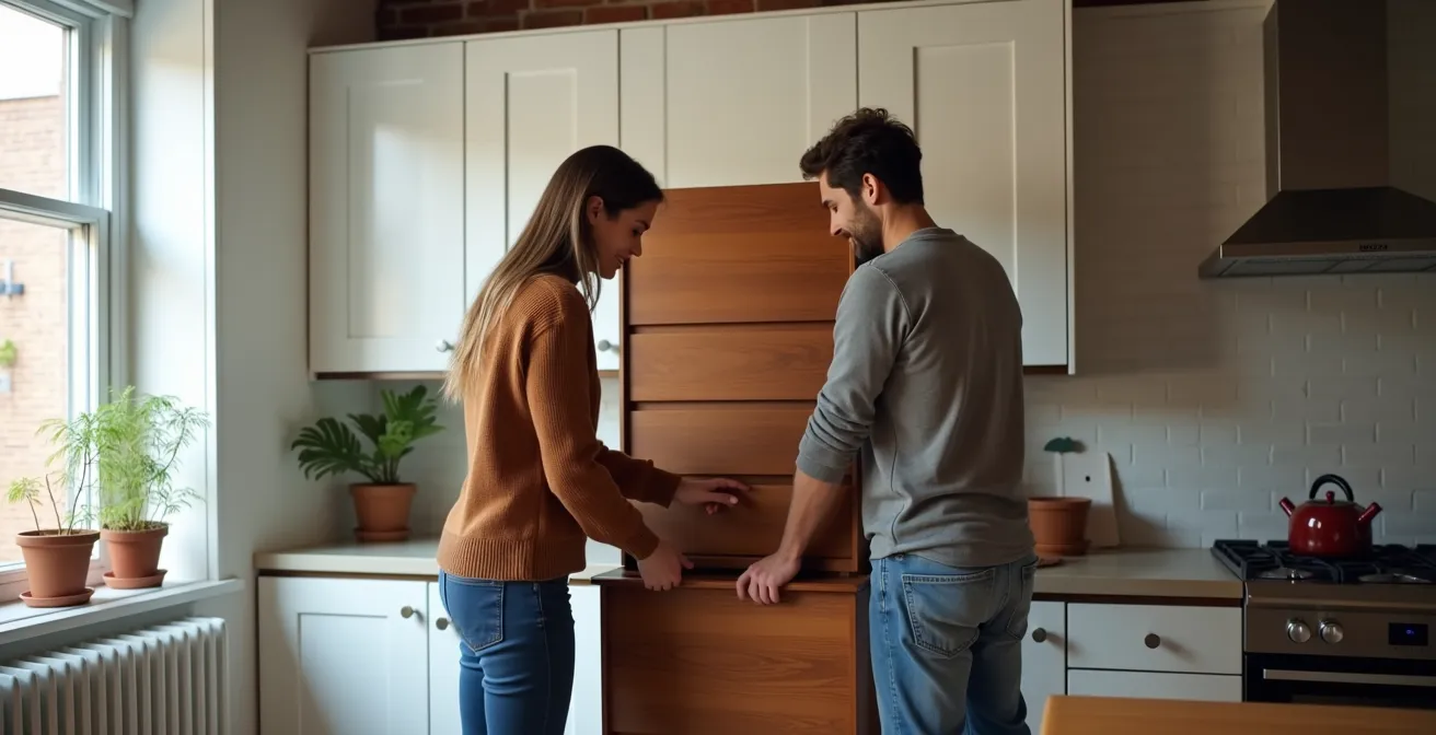 Cuisine moderne IKEA avec buffet vintage en bois du Plateau Mont-Royal