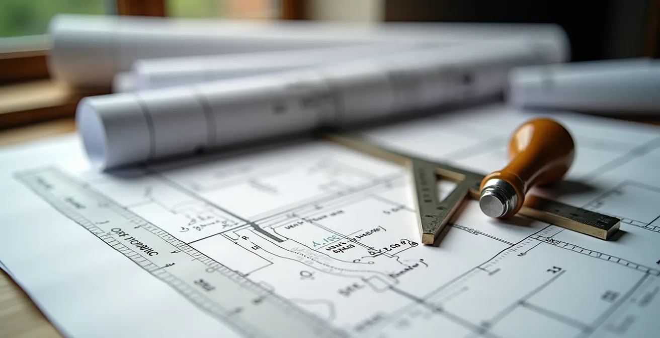 Bureau d'architecte avec plans techniques et documents de permis étalés sur une table