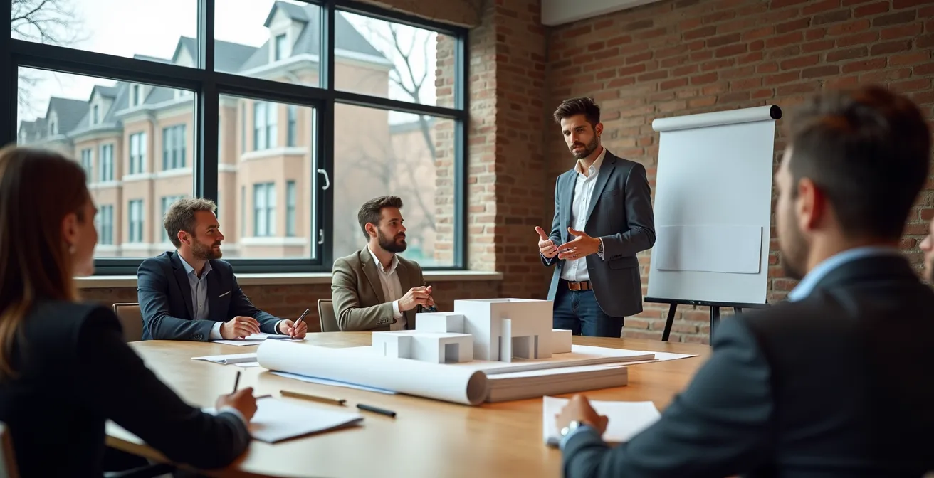 Architecte présentant des plans et maquettes devant un comité dans une salle de réunion montréalaise