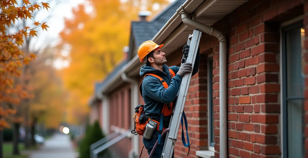 Professionnel équipé de harnais de sécurité nettoyant des gouttières sur un triplex montréalais