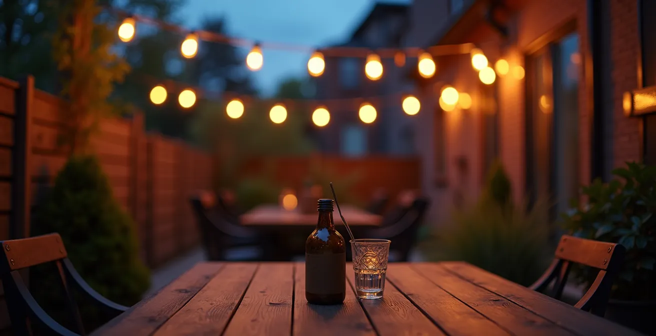 Terrasse montréalaise illuminée par des guirlandes lumineuses filaires créant une ambiance chaleureuse en soirée