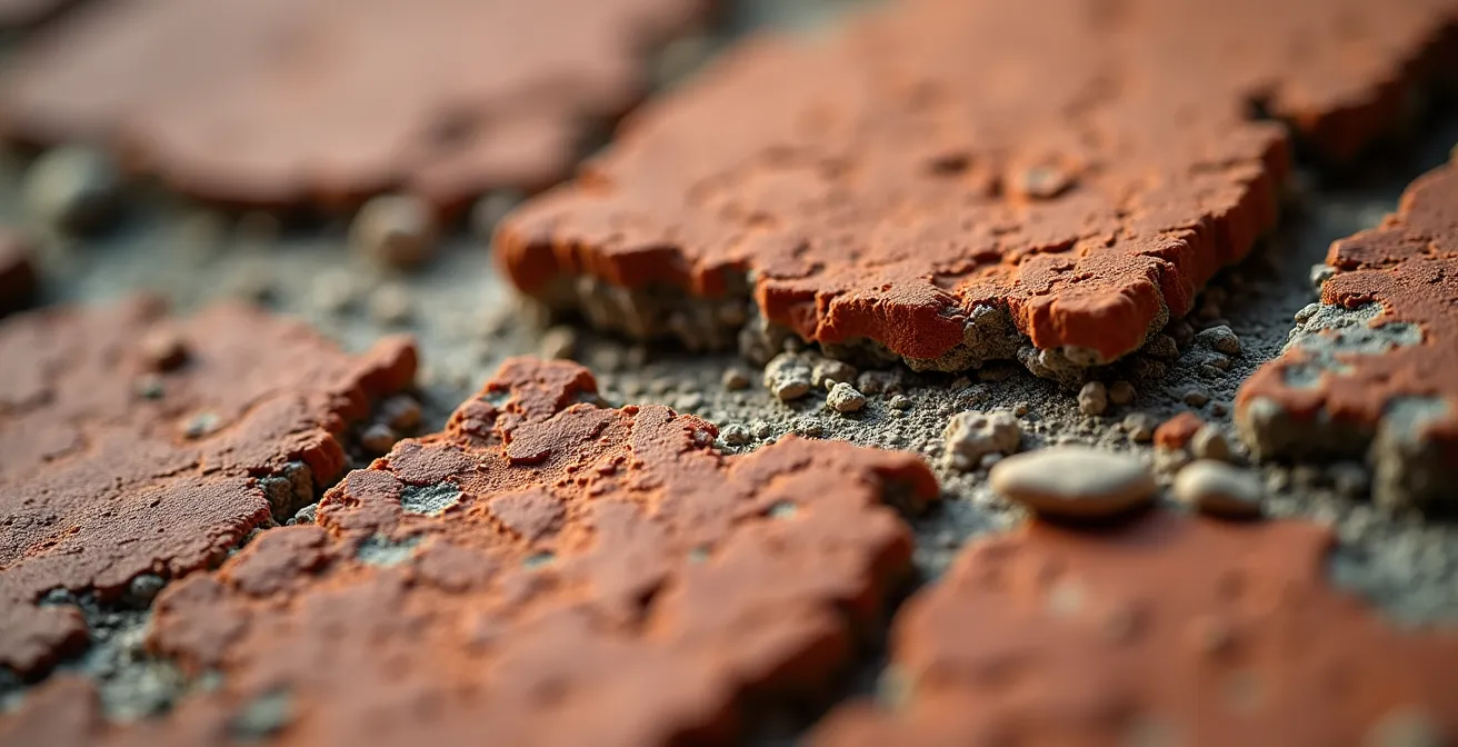 Gros plan sur des briques effritées montrant la texture écaillée caractéristique du spalling