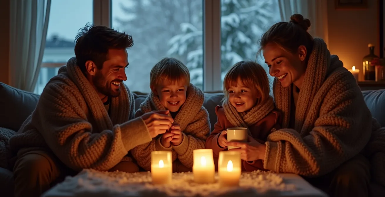 Famille québécoise confortable dans un salon chaleureux pendant un défi Hilo hivernal avec couvertures et boissons chaudes