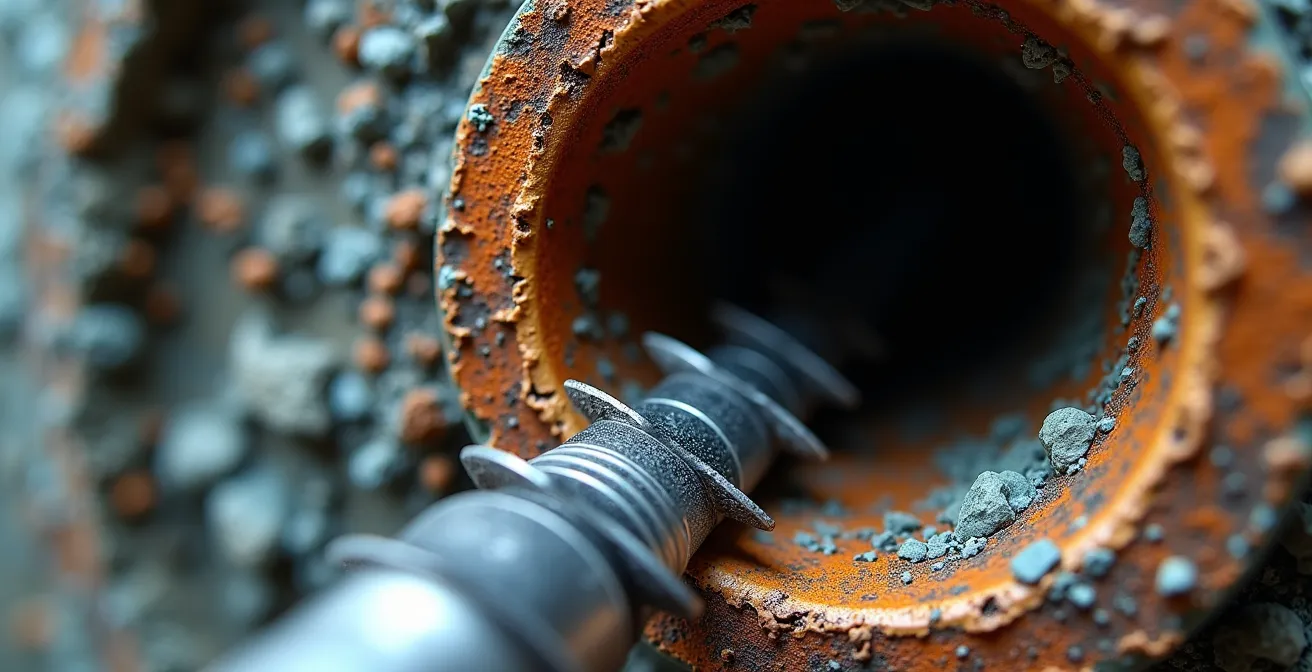 Gros plan macro sur l'intérieur d'un vieux tuyau en fonte avec accumulation de sédiments et outil de débouchage