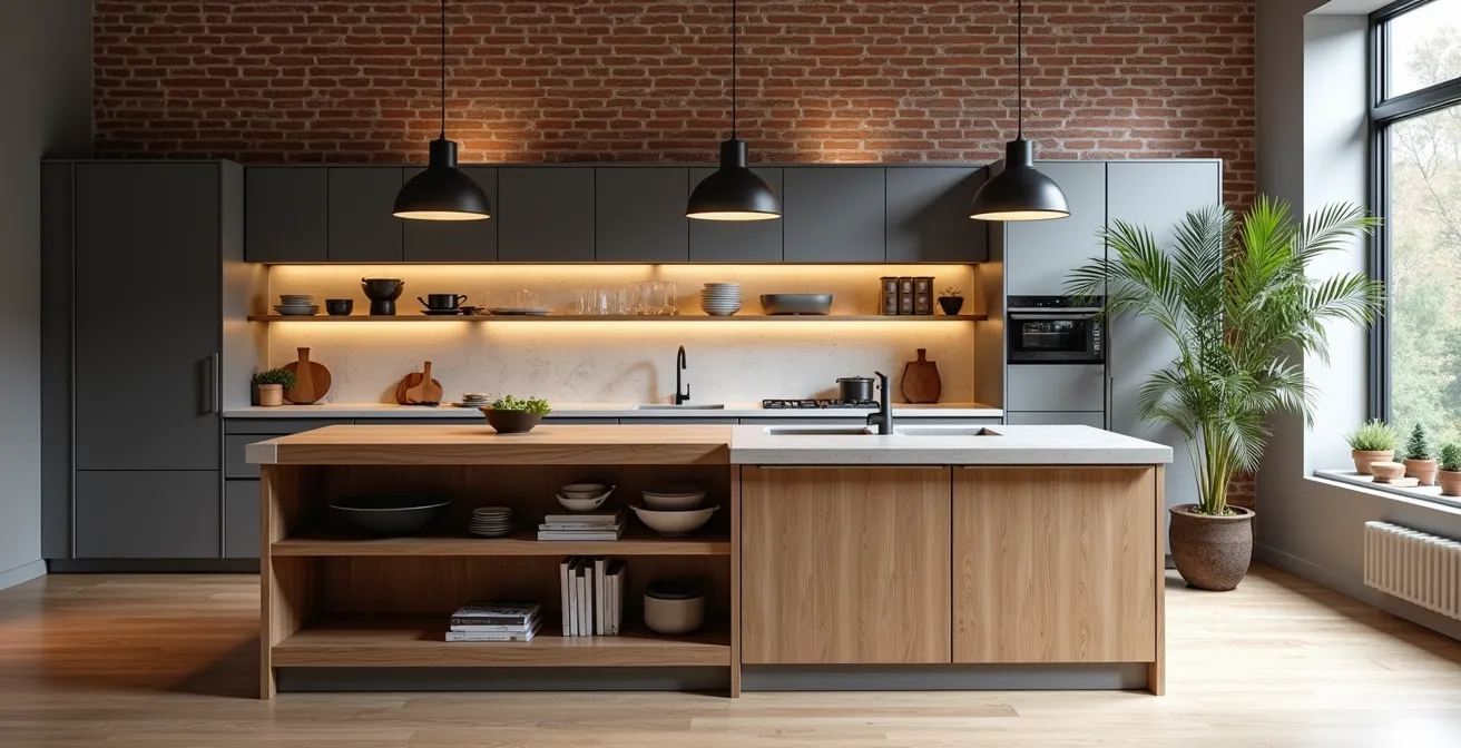 Îlot central servant de transition entre cuisine et salon dans un appartement montréalais