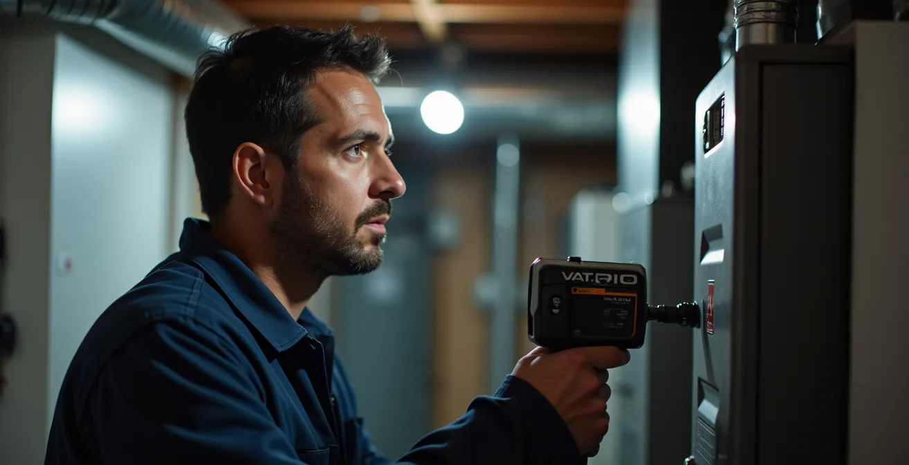 Technicien inspectant les conduits de ventilation d'une maison avec caméra endoscopique