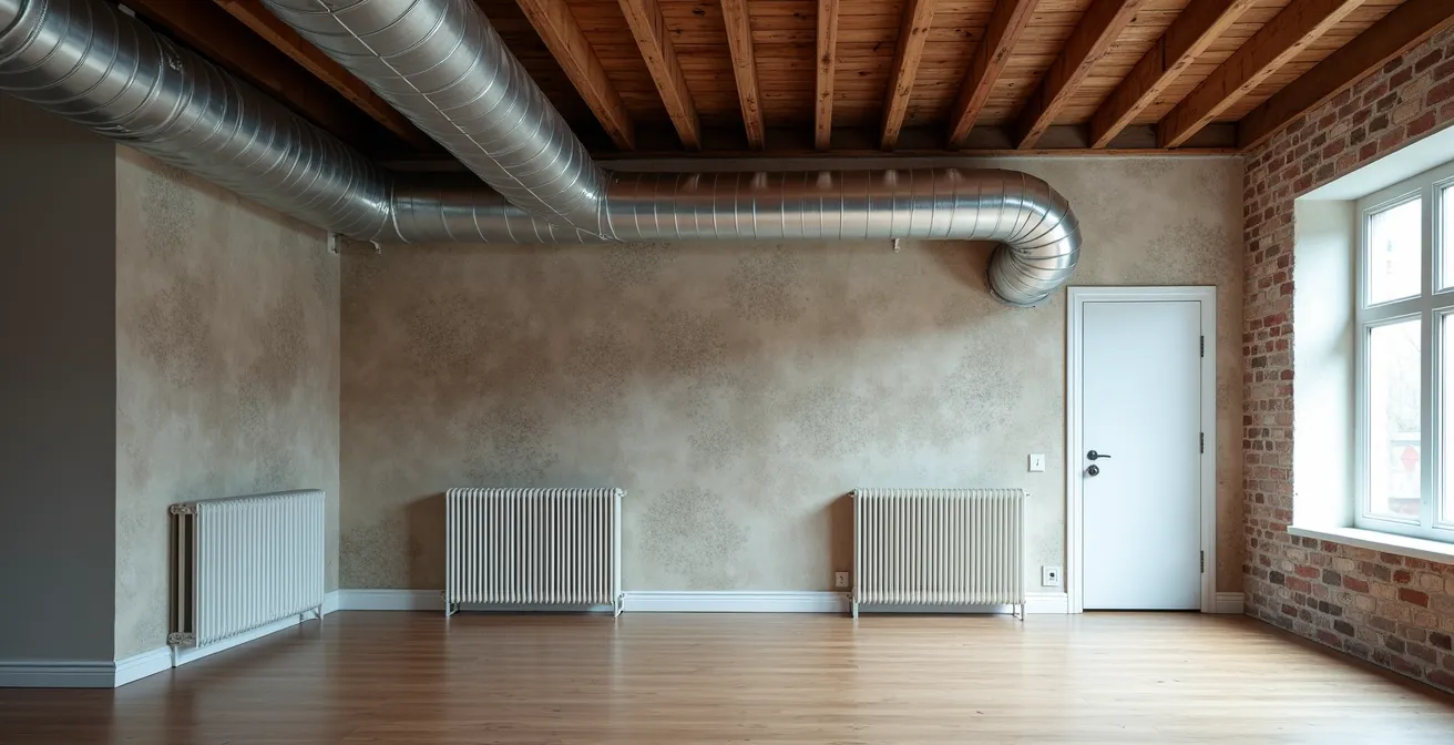 Coupe transversale d'un duplex montréalais montrant l'installation de conduits de ventilation dans les murs et plafonds