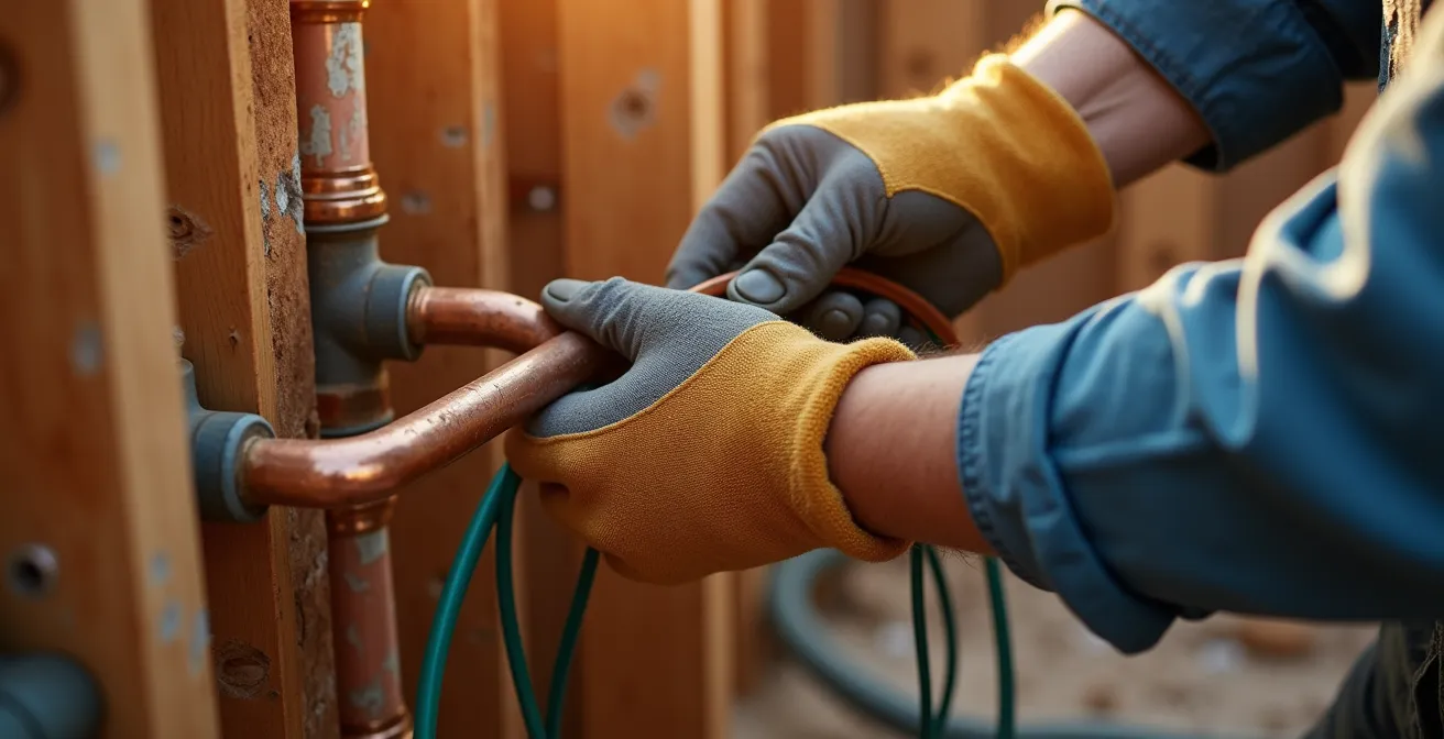 Gros plan sur des fils électriques et tuyaux de plomberie dans une ouverture murale en cours de rénovation