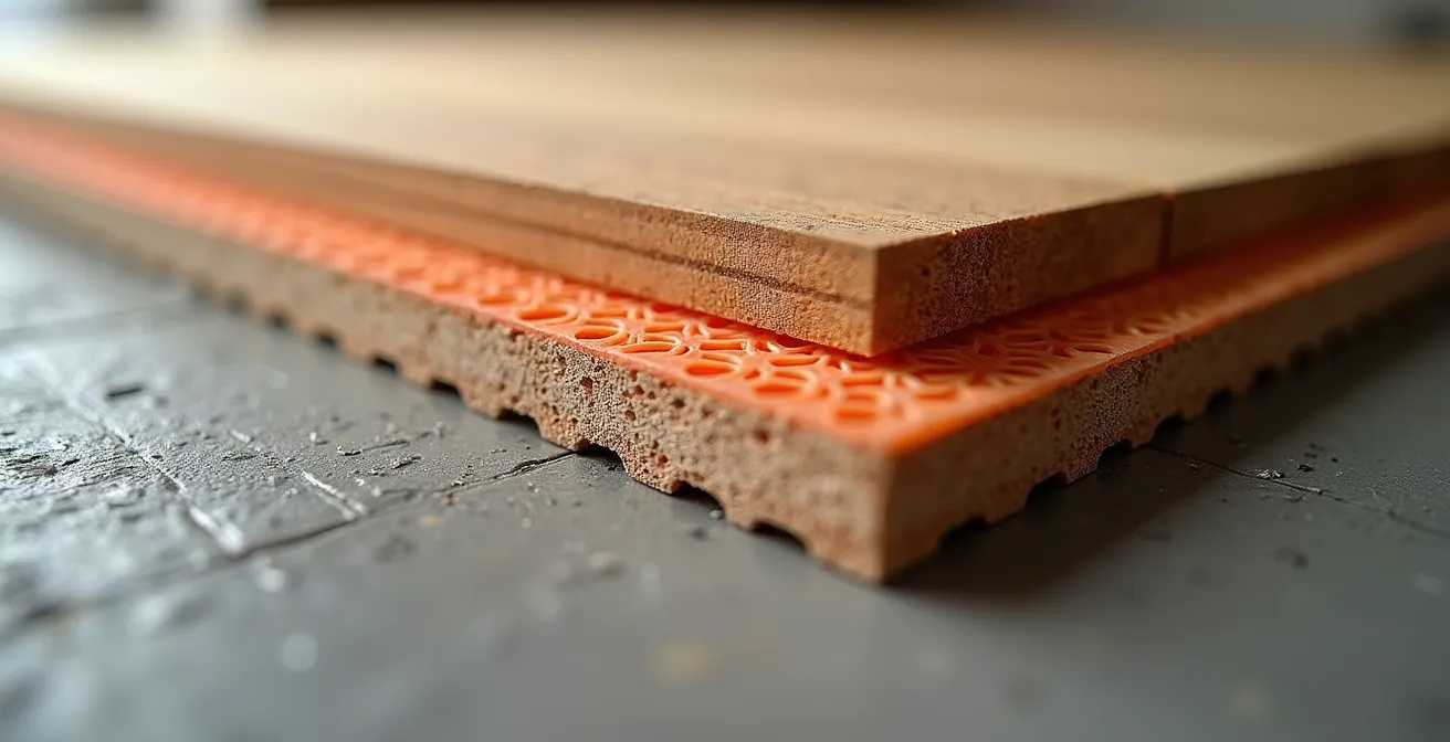 Vue macro détaillée d'une membrane acoustique posée sous un plancher de bois