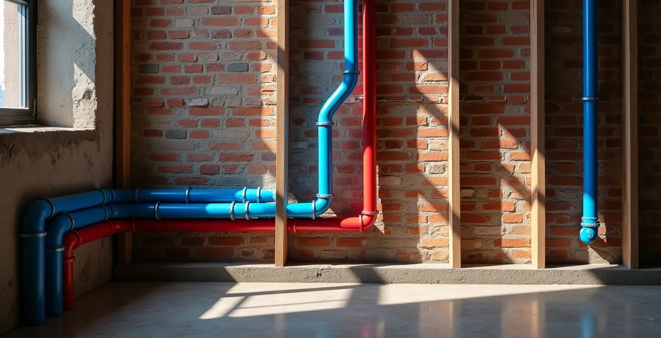 Installation de tuyauterie PEX flexible serpentant à travers une structure de mur ancien avec lattes et plâtre