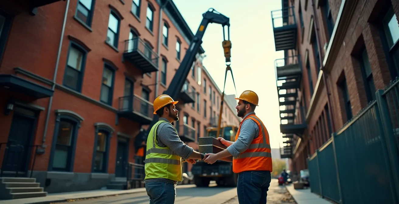 Grue compacte soulevant une poutre d'acier dans une ruelle étroite de Montréal