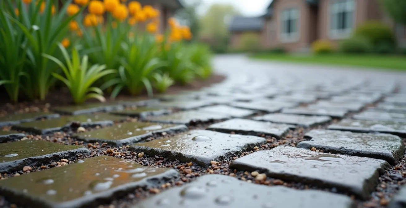 Système de gestion écologique des eaux pluviales avec pavé perméable et jardin de pluie dans un aménagement résidentiel montréalais