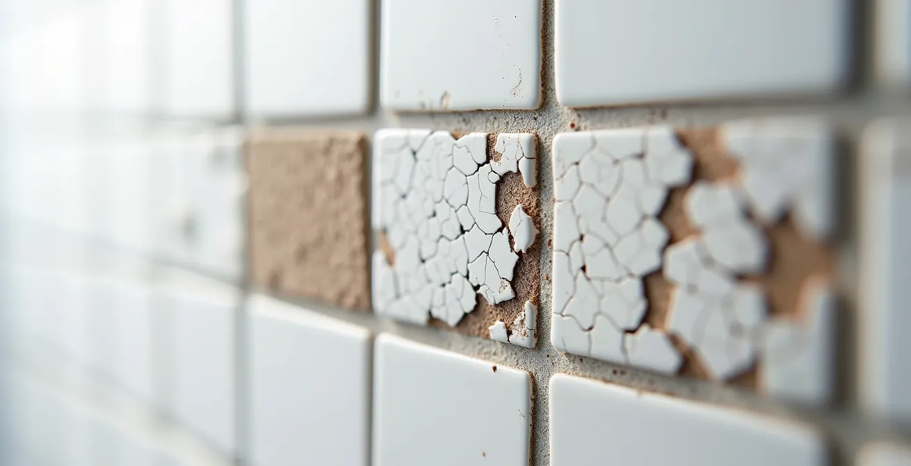 Vue macro détaillée de trois échantillons de joints de douche montrant différents stades de dégradation