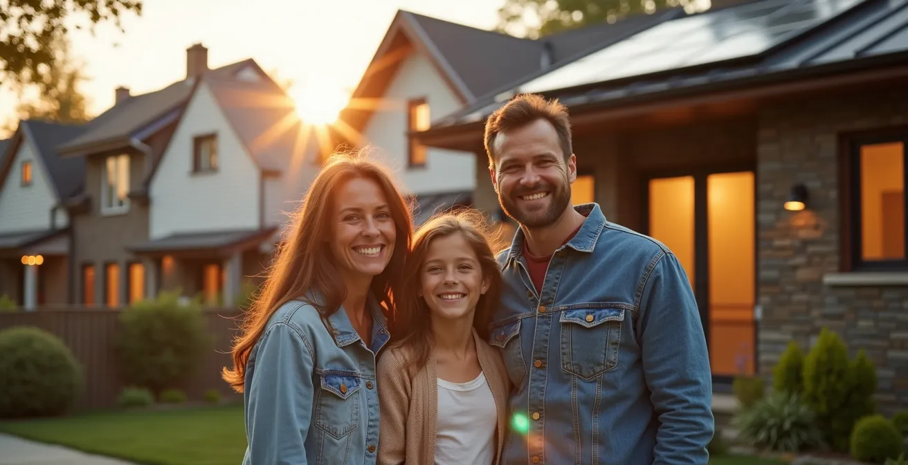 Façade moderne d'une maison certifiée écologique à Montréal avec panneaux solaires et jardin naturalisé