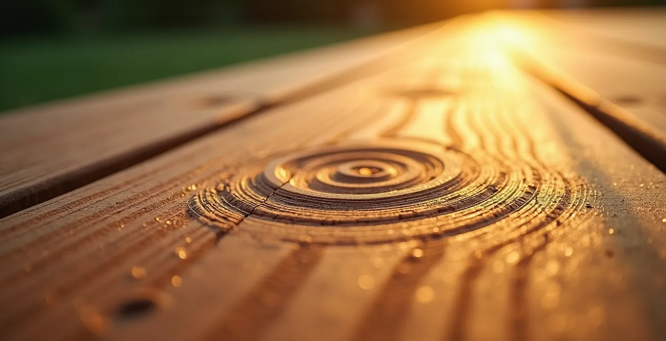 Marques de tourbillon sur bois visible sous lumière rasante du matin