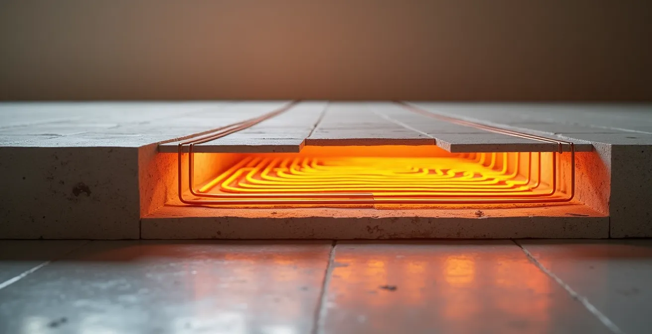 Coupe transversale montrant la masse thermique d'une chape de béton avec système de chauffage