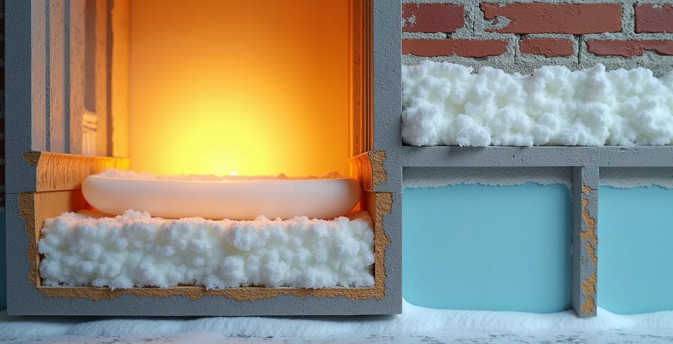 Coupe transversale d'un mur montrant les risques de condensation avec un mauvais pare-vapeur