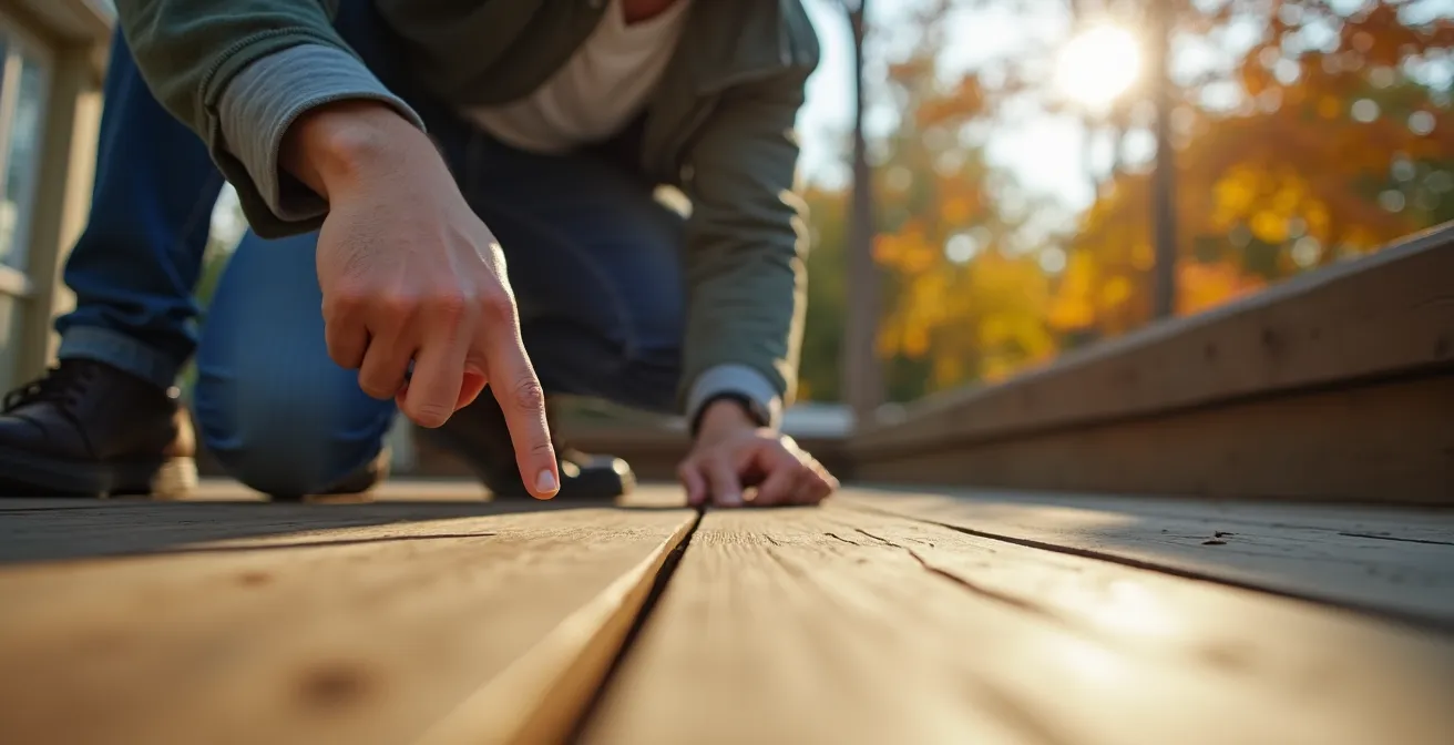 Vue latérale montrant le gondolement de planches composites causé par un espacement insuffisant