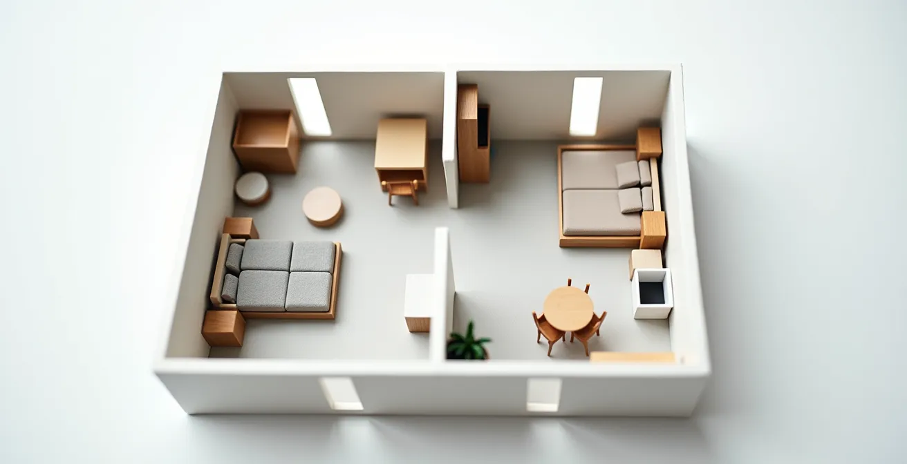 Plan architectural montrant la transformation d'un grand logement en deux plus petits dans un duplex