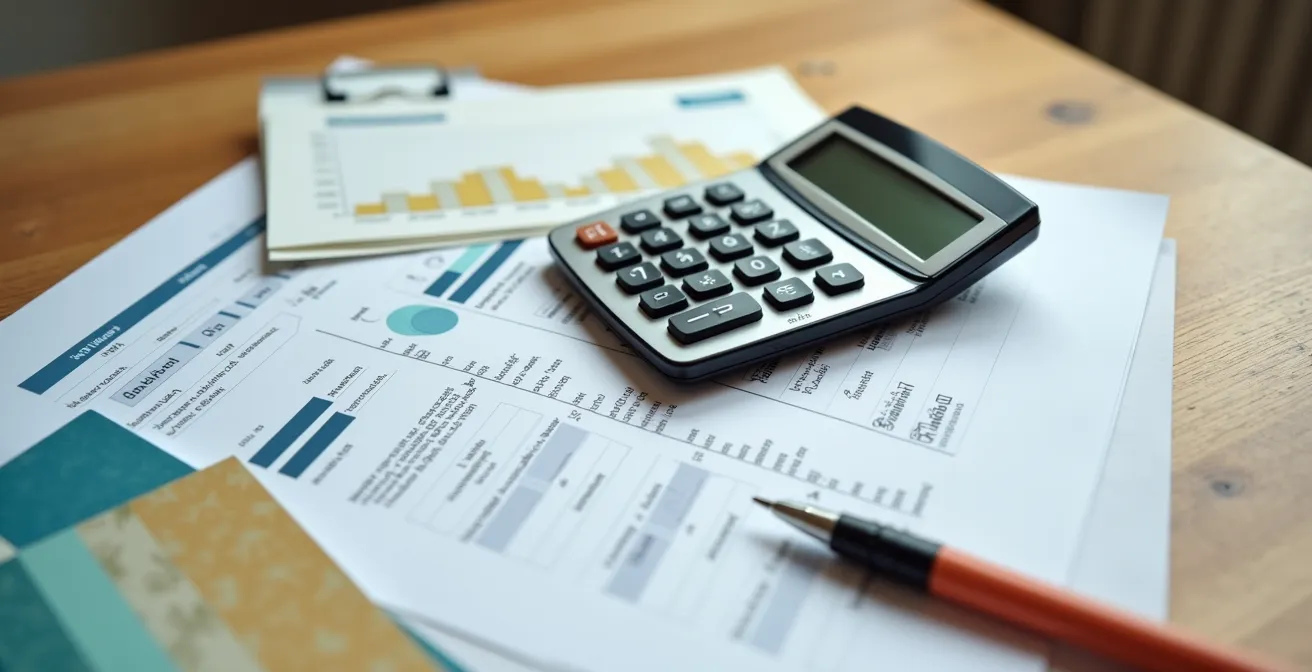 Table de travail avec calculatrice, plans de rénovation et échéancier de projet étalé