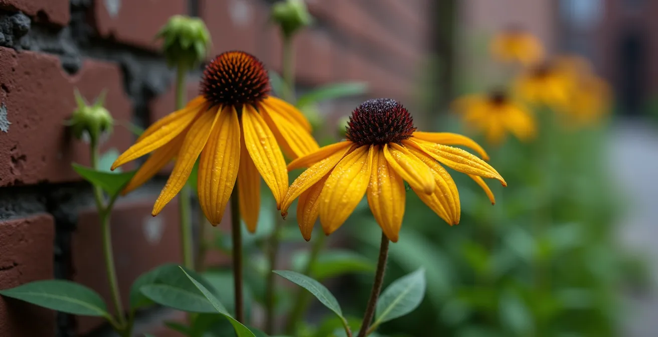 Gros plan sur plantes indigènes résistantes poussant dans une ruelle montréalaise ombragée