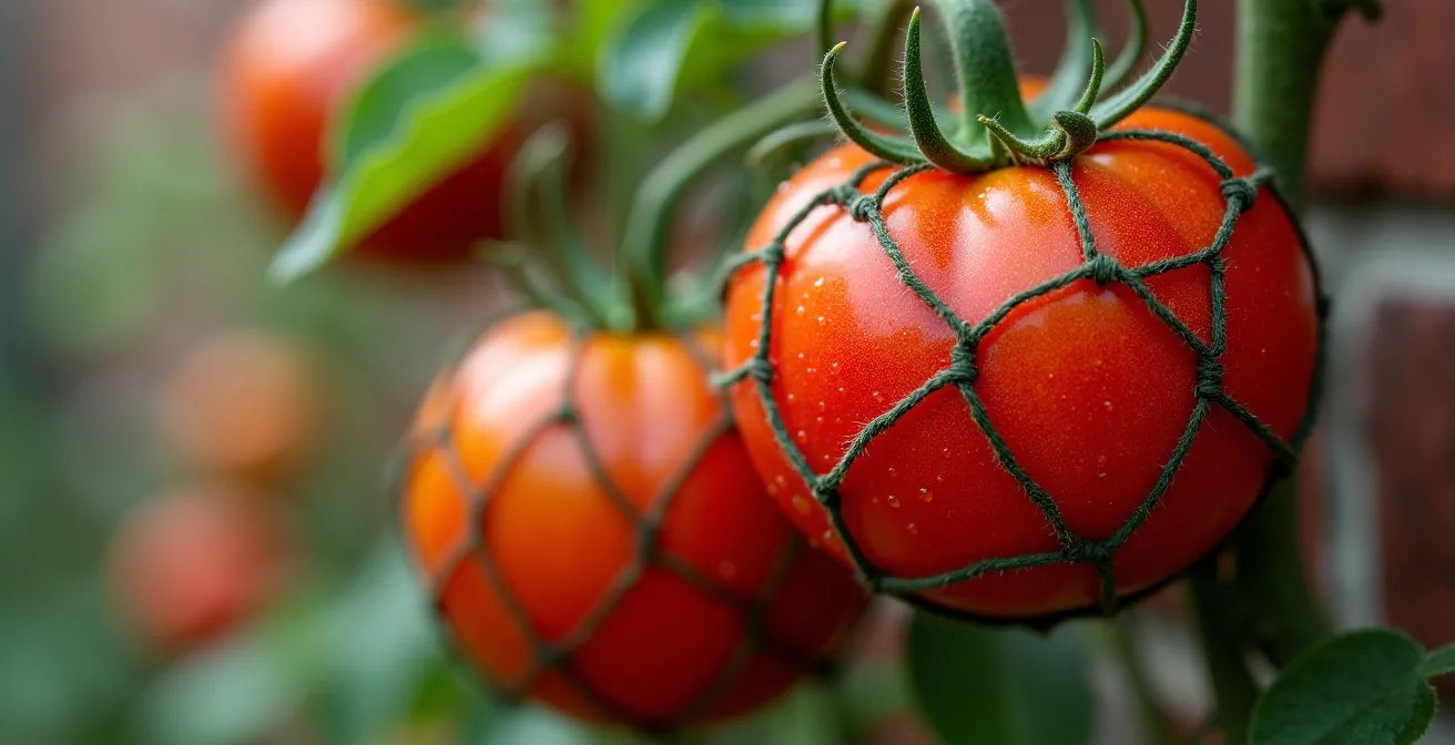Gros plan sur plant de tomates avec cage de protection contre les écureuils dans une cour arrière montréalaise