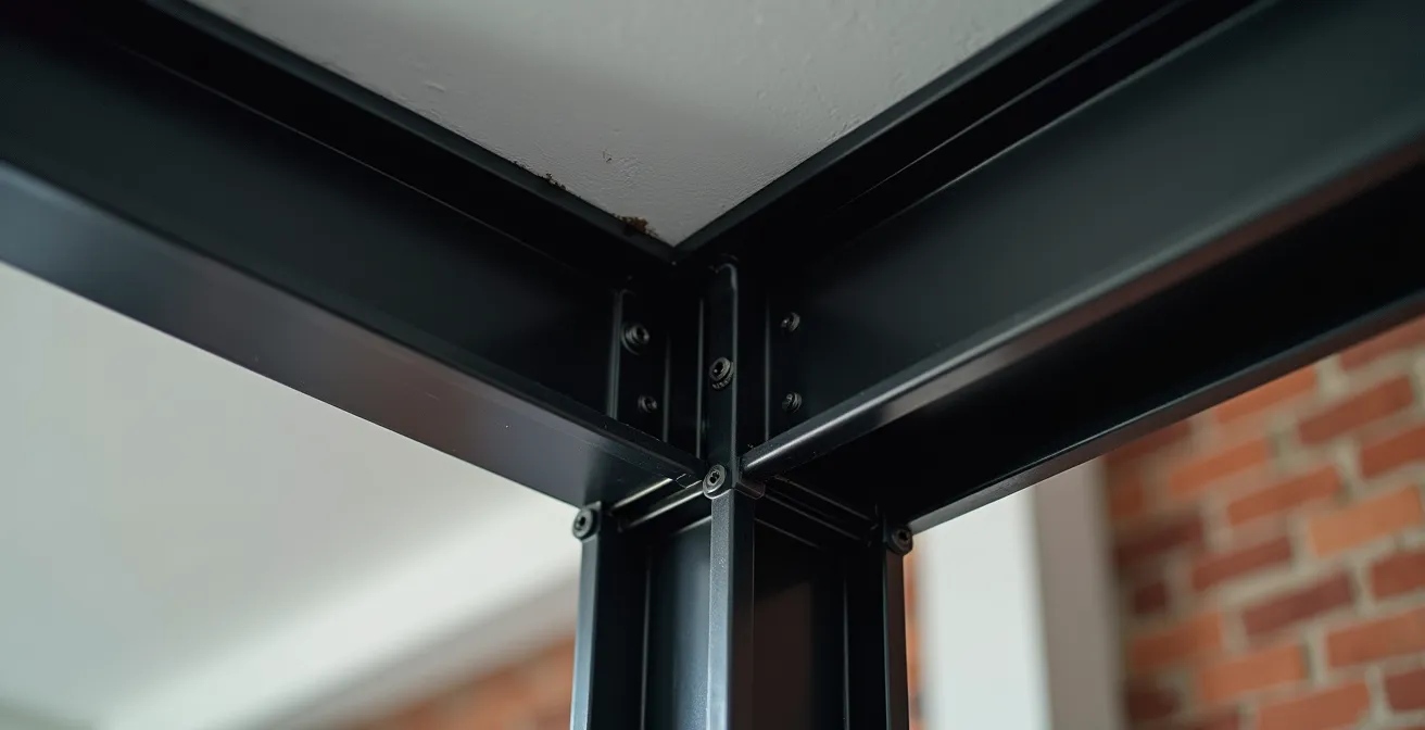 Poutre d'acier noire mate traversant un salon moderne dans un plex rénové