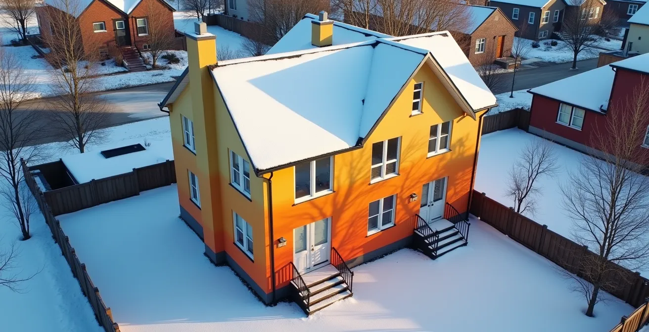 Vue aérienne d'une maison québécoise typique montrant les zones prioritaires de rénovation énergétique