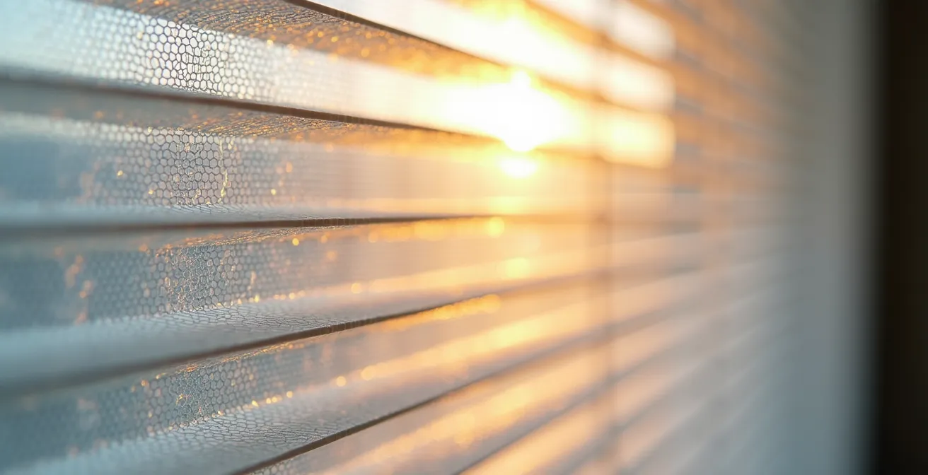 Gros plan sur des stores cellulaires en nid d'abeille installés sur une fenêtre d'appartement montréalais