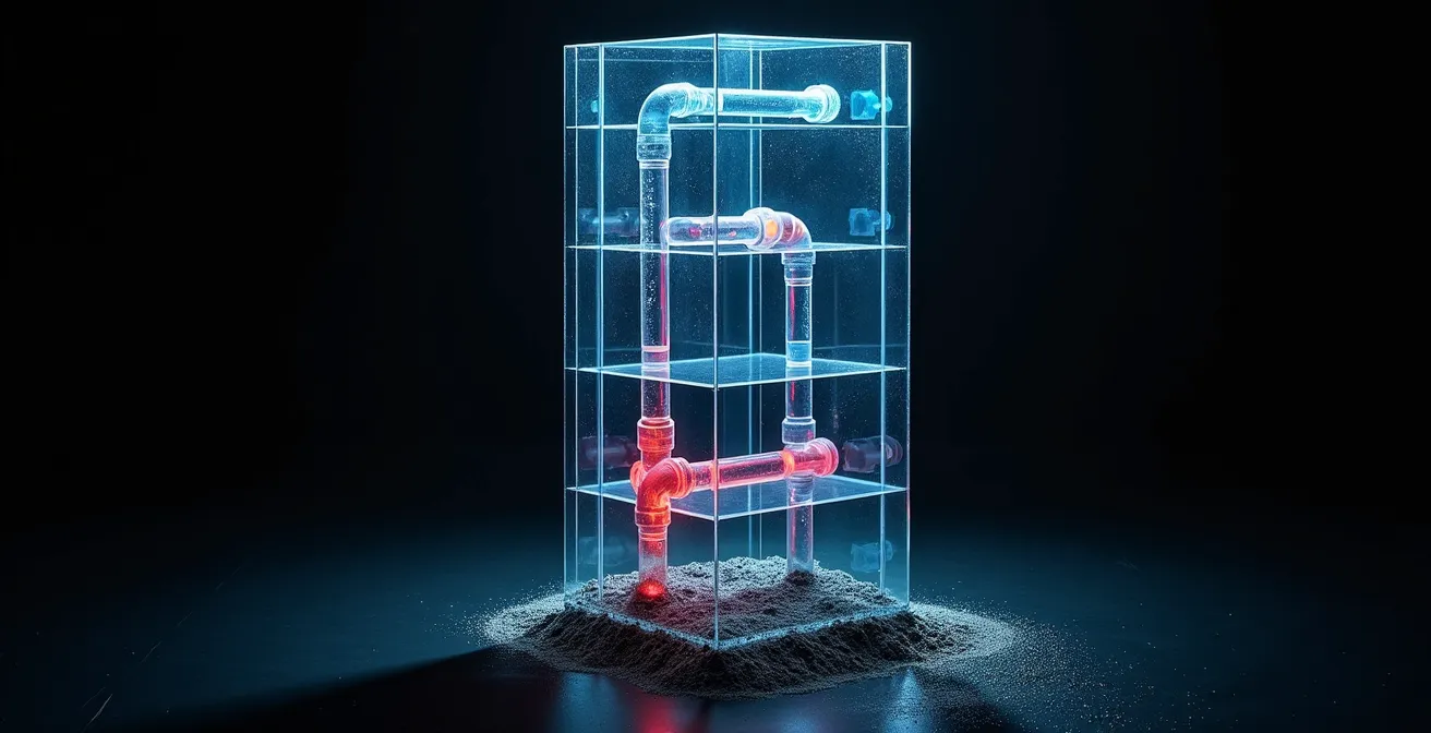 Schéma technique d'une colonne de plomberie traversant plusieurs étages d'un immeuble