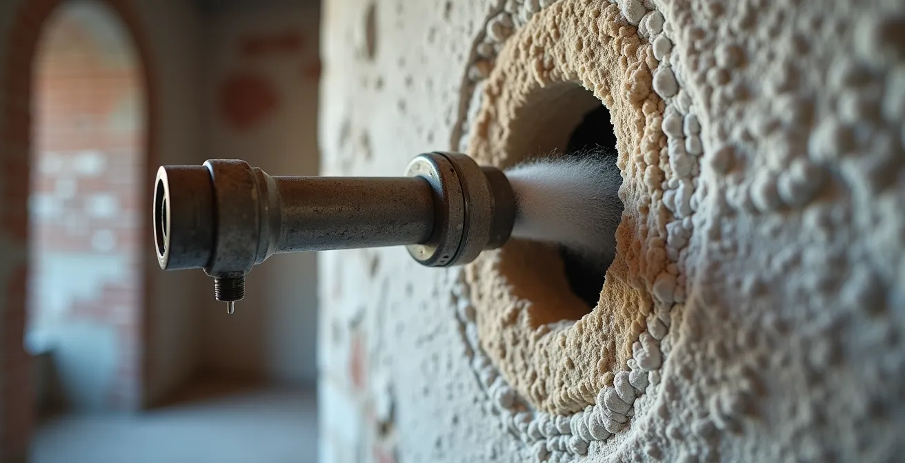 Vue en coupe d'un mur montrant la technique d'injection de cellulose par des trous de 2 pouces