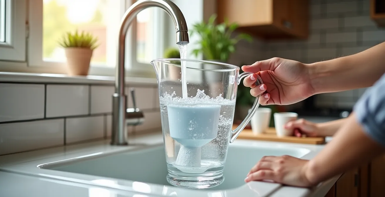 Parent filtrant l'eau du robinet dans une cuisine montréalaise avec pichet certifié