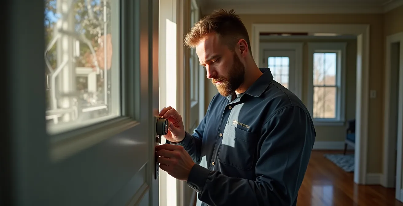 Technicien effectuant un test d'infiltrométrie avec équipement de porte soufflante dans une maison montréalaise