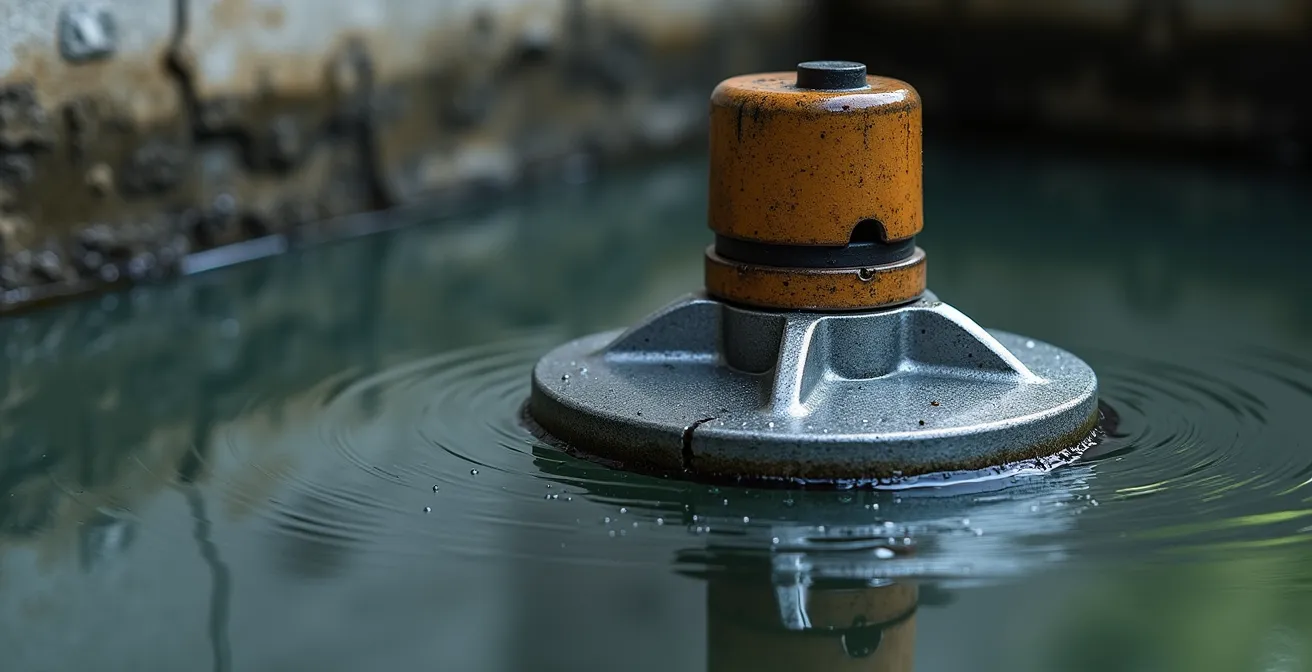 Vue macro d'un mécanisme de flotteur de pompe de puisard en action